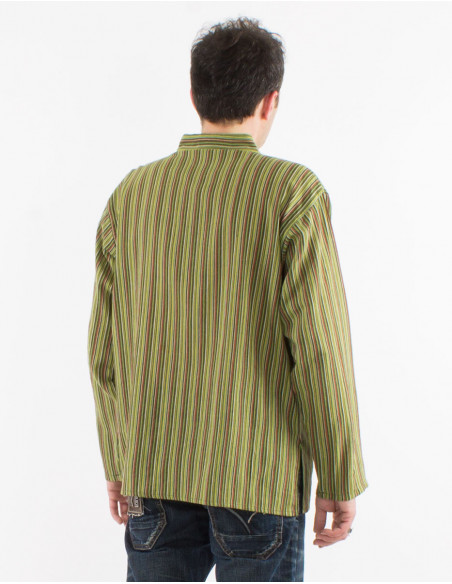 Chemise kurta homme coton rayée boutons ronds manches longues