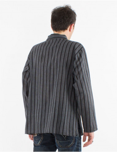 Chemise kurta homme coton rayée boutons ronds manches longues