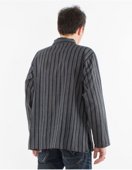 Chemise kurta homme coton rayée boutons ronds manches longues