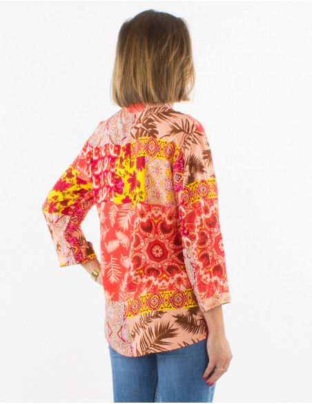 Chemisier viscose boutonné manches 3/4 retroussables imprimé fantasie