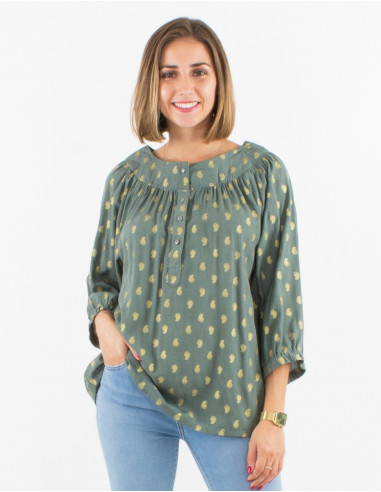 Viscose blouse with 3/4 sleeves and golden bali print
