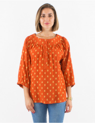 Viscose blouse with 3/4 sleeves and golden bali print