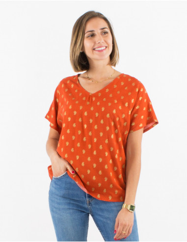 Viscose blouse with short sleeves and golden bali print