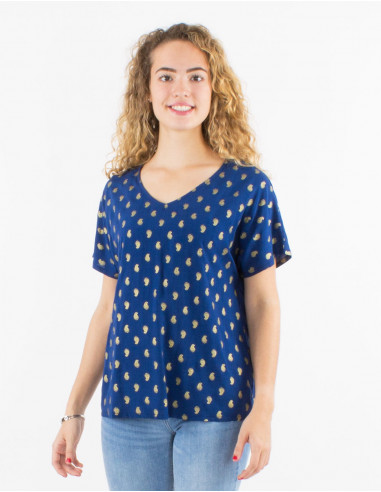 Viscose blouse with short sleeves and golden bali print