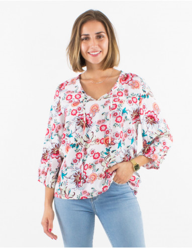 Viscose blouse with 3/4 sleeves and bohemian print
