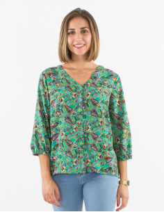 Polyester buttoned blouse with 3/4 sleeves and mistery print