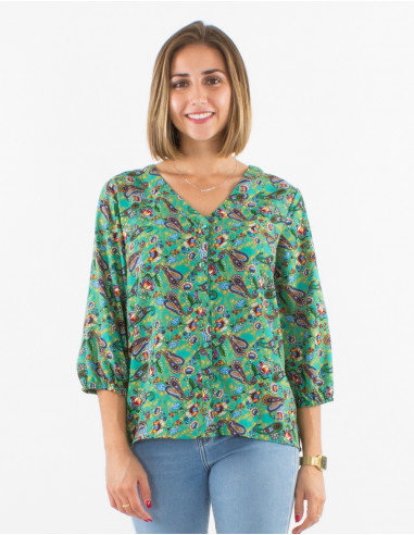 Polyester buttoned blouse with 3/4 sleeves and mistery print