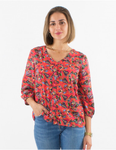 Polyester buttoned blouse with 3/4 sleeves and mistery print