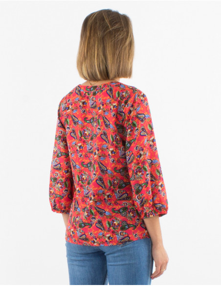 Polyester buttoned blouse with 3/4 sleeves and mistery print