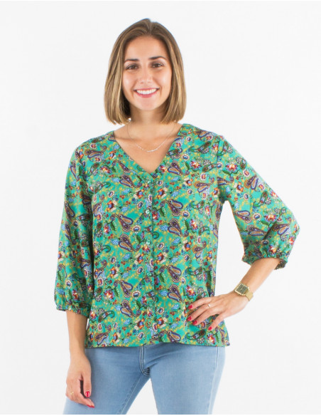 Polyester buttoned blouse with 3/4 sleeves and mistery print