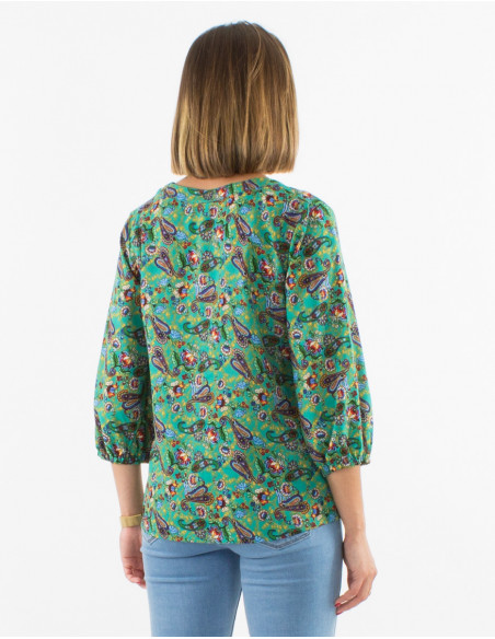 Polyester buttoned blouse with 3/4 sleeves and mistery print