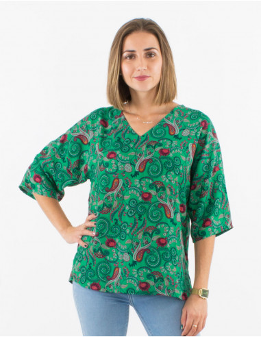 Polyester blouse with 3/4 sleeves and cachemire print