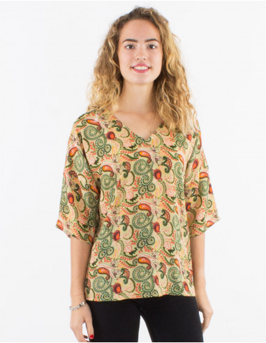 Polyester blouse with 3/4 sleeves and cachemire print