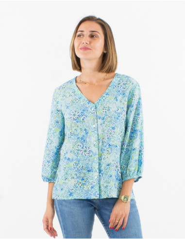 Polyester buttoned blouse with 3/4 sleeves and sunflower print