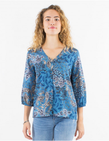 Polyester buttoned blouse with 3/4 sleeves and silver pansy print