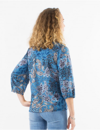 Polyester buttoned blouse with 3/4 sleeves and silver pansy print