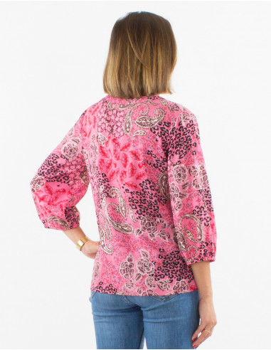 Polyester buttoned blouse with 3/4 sleeves and silver pansy print