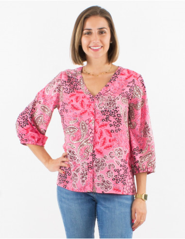 Polyester buttoned blouse with 3/4 sleeves and silver pansy print