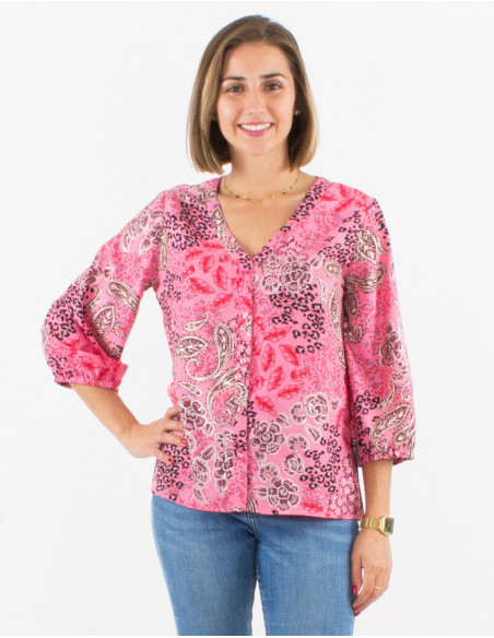 Polyester buttoned blouse with 3/4 sleeves and silver pansy print
