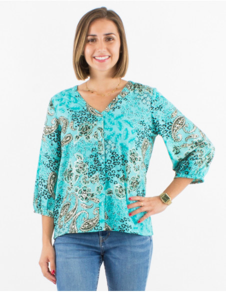 Polyester buttoned blouse with 3/4 sleeves and silver pansy print