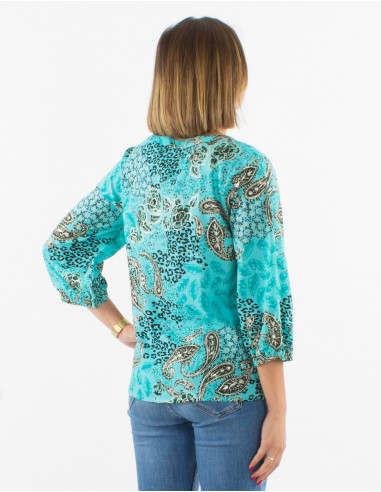 Polyester buttoned blouse with 3/4 sleeves and silver pansy print