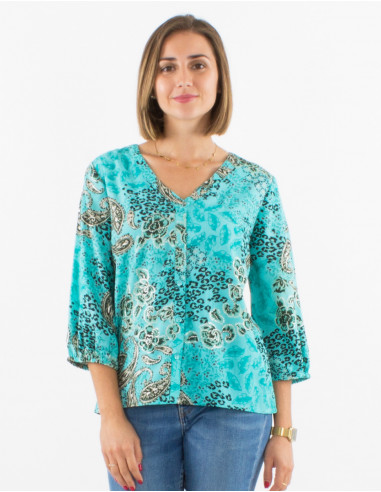 Polyester buttoned blouse with 3/4 sleeves and silver pansy print