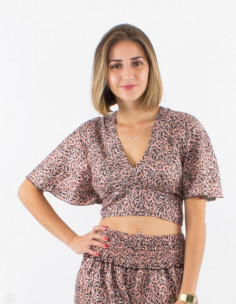 Sari short polyester top with short sleeves and silver print