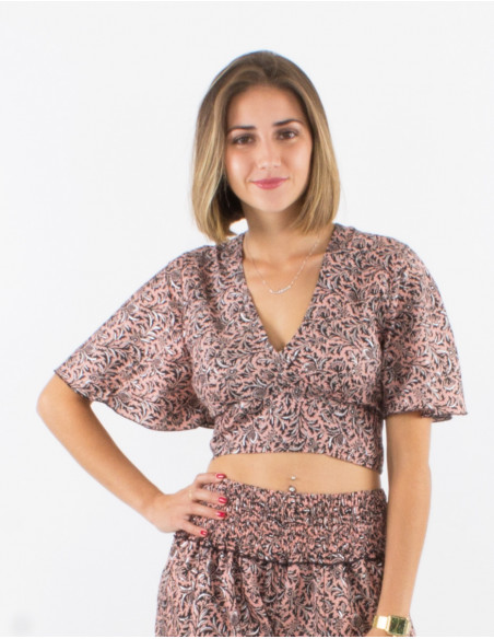 Sari short polyester top with short sleeves and silver print