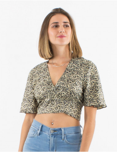Top court polyester manches courtes sari imprimé argenté