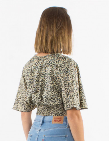 Sari short polyester top with short sleeves and silver print