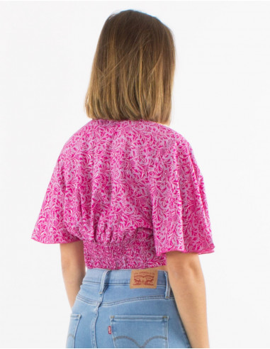 Sari short polyester top with short sleeves and silver print