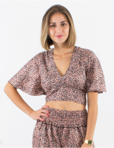 Sari short polyester top with short sleeves and silver print