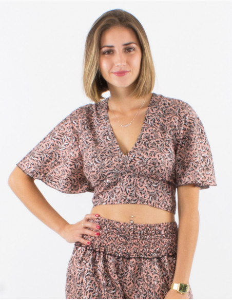 Sari short polyester top with short sleeves and silver print