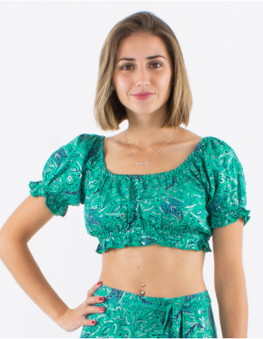 Sari short polyester top with short sleeves and silver print