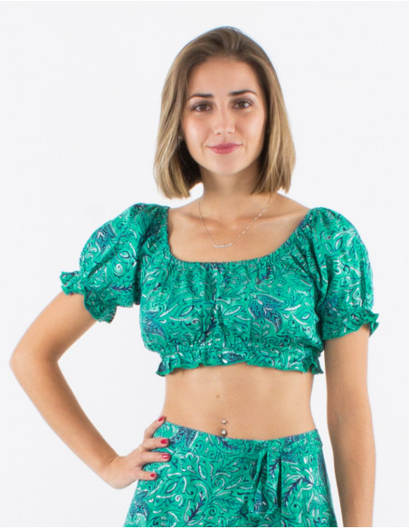 Sari short polyester top with short sleeves and silver print