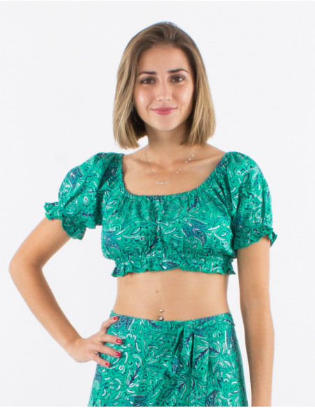 Sari short polyester top with short sleeves and silver print