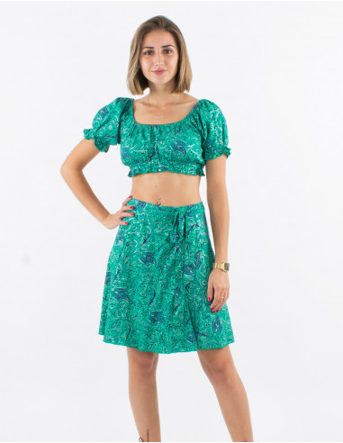 Sari short polyester top with short sleeves and silver print