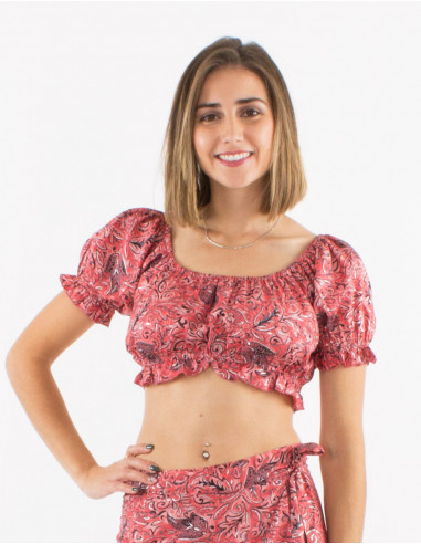 Top court polyester manches courtes sari imprimé argenté