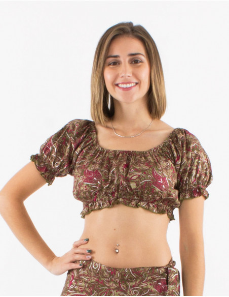 Sari short polyester top with short sleeves and silver print