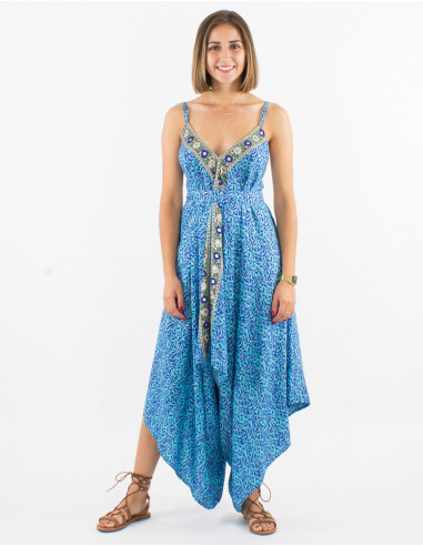 Long sari polyester jumpsuit with straps and silver print