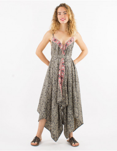 Long sari polyester jumpsuit with straps and silver print
