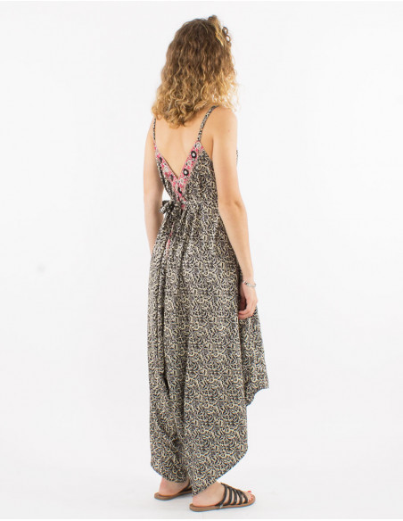 Long sari polyester jumpsuit with straps and silver print