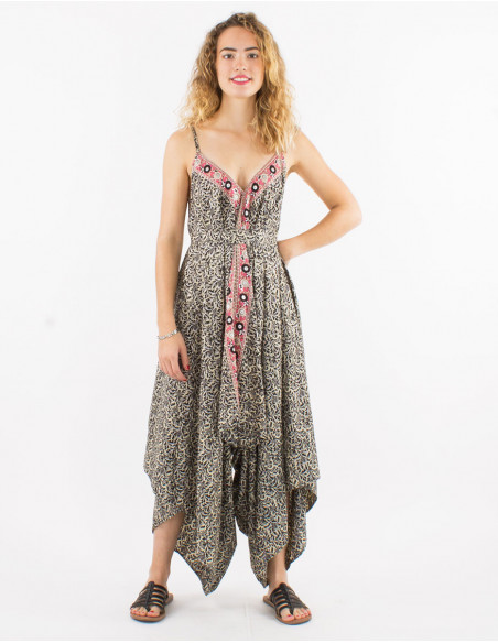 Long sari polyester jumpsuit with straps and silver print