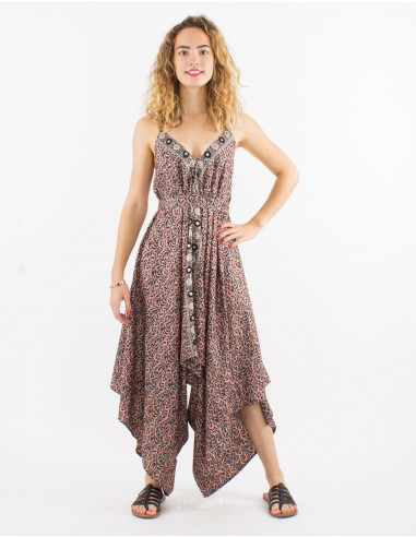 Long sari polyester jumpsuit with straps and silver print