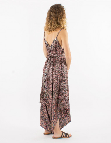 Long sari polyester jumpsuit with straps and silver print