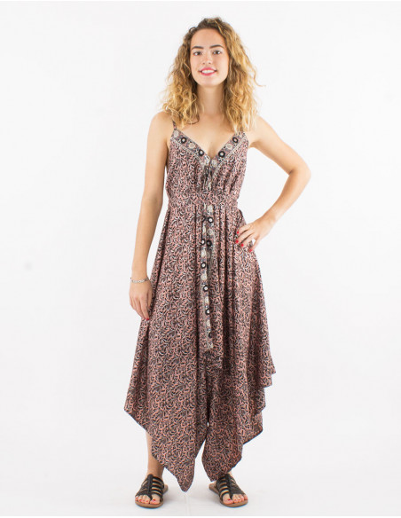 Long sari polyester jumpsuit with straps and silver print