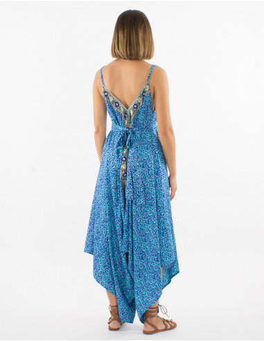 Long sari polyester jumpsuit with straps and silver print