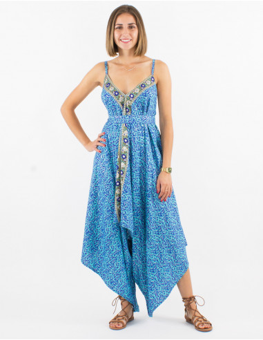 Long sari polyester jumpsuit with straps and silver print