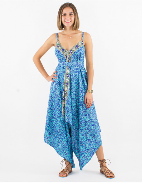 Long sari polyester jumpsuit with straps and silver print