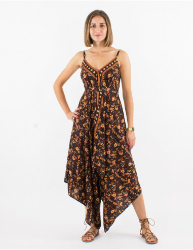 Long sari polyester jumpsuit with straps and daisy print